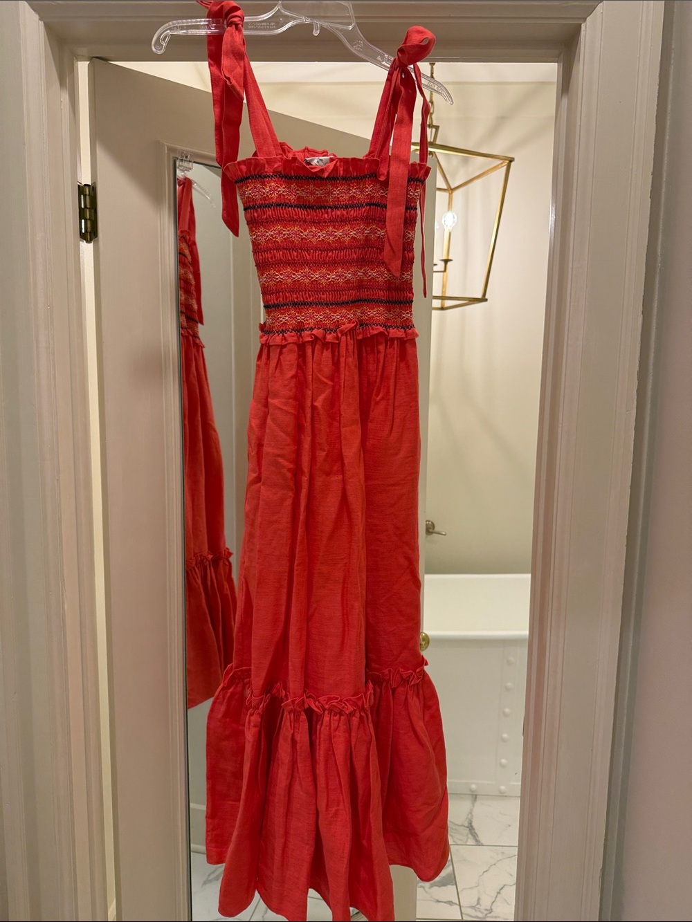Cara Cara Red Smocked Tie-Shoulder Maxi Dress